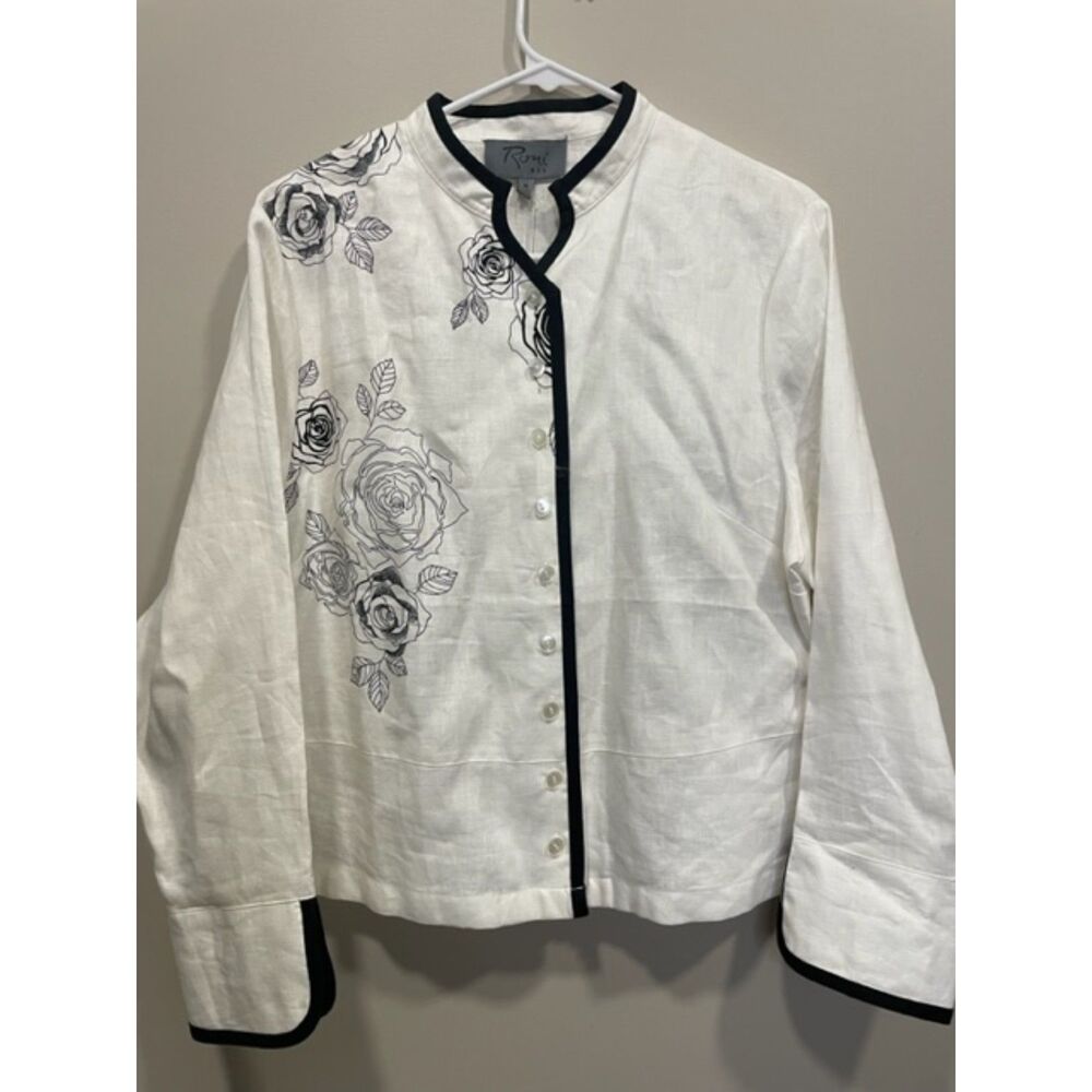 NWT Vintage Roni Bis Linen Top White Black Floral Asian Inspired Womens Sz Med